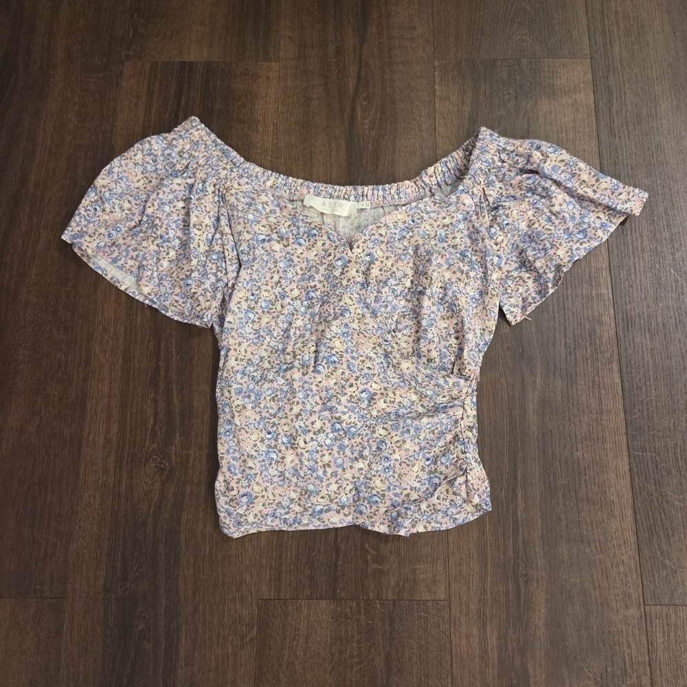 NWT Altar'd State Astr Floral Off-Shoulder Blouse - Pink and Blue